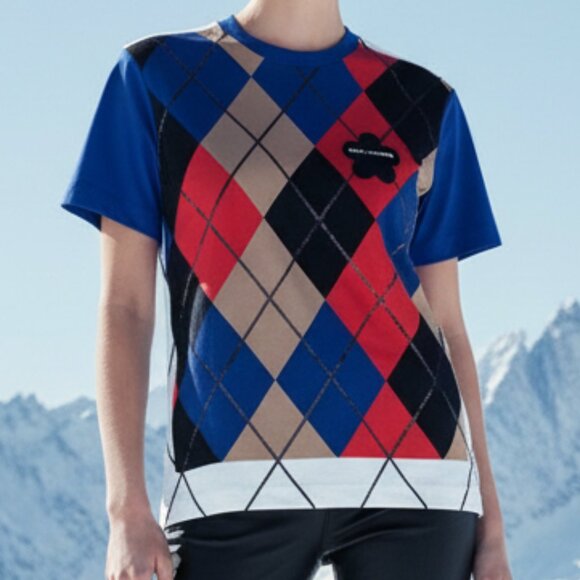 NEW! $235 MARC JACOBS sequin trimmed harlequin t-shirt M blue black red white - Picture 1 of 8
